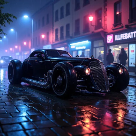 (in Otomo Katsuhiro style:1.2), high-quality, masterpiece, A Hod-Rod-style black car with an ornate, gothic-inspired design, resting on a wet street, illuminated by neon reflections on the rain-soaked cobblestones. The custom-made vehicle boasts a streamlined body with large, bold, low-profile wheels that exude power and precision. Its intricate metallic details feature sculpted ornamentation, blending gothic elegance with high-tech futurism. Dramatic lighting cuts through the foggy night, casting long shadows and creating a striking color contrast of glowing neon blues and purples against the sleek black surface of the car. The scene combines gothic sci-fi with Renaissance aesthetics, framed as a masterpiece painting of futuristic high-tech beauty.,deep contrasting shadows, gloss, detailed,vibrant,colorful,color contrast,(dramatic lighting),Picture-perfect image, fog,light particles,expressive,cinematic,((no humans)),UHD,absurdes,visionary,scifi noir.neo-renaissance,crimson, yellow and purple,close-up,zoomed,centeredminimalism, sharp contrasts, Charcoal Sketch, (elaborately detailed attire with extraordinary elements:1.1), (hyperdetailed:1.1), (intricate details:1.0), (Refined details:1.1), (best quality:1.1), (high resolution:1.2)