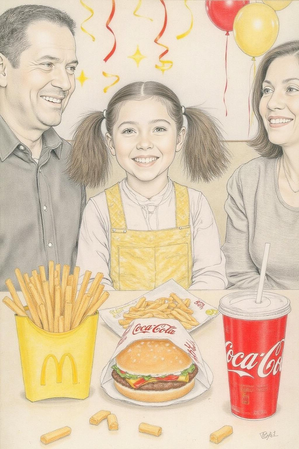 hansho1 monochromatic pencil drawing,
 A four-year-old girl with twin pigtails is celebrating her birthday at McDonald's, a place that feels like a magical playground for children. The joy on her face is unmistakable as she sits at a table set with a colorful array of items: crispy McDonald's fries in a bright yellow packet, a refreshing cup of Coca-Cola, and a juicy hamburger wrapped in its iconic packaging. Her pigtails bounce playfully as she moves, adding to the lively atmosphere. The table is also adorned with festive decorations, including balloons and streamers that match the vibrant McDonald's red and yellow color scheme. Family members gather around, their smiles reflecting the warmth and love of the occasion. The lighting inside the restaurant is soft yet bright, creating a welcoming environment that highlights the happiness of the moment. This scene captures the pure delight and excitement of a young child's birthday celebration, set against the backdrop of a beloved fast-food chain, where simple pleasures bring immense joy 
 <lora:hansho2_nocap_d6a3e12:1.0><lora:817336752067930086:0>