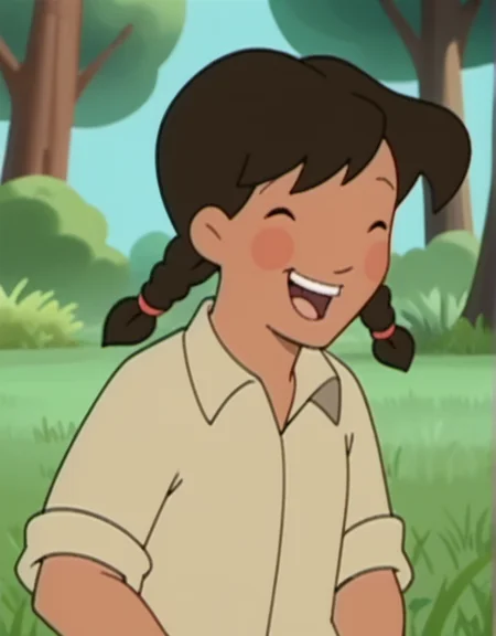 score_9, score_8_up, score_7_up, solo, 1girl, blgs3, black dot eyes, laughing, open smile, brown hair, twin braids, shirt, blush stickers, young, blurry background, tree, grass, <lora:blgs3-000011:1>,