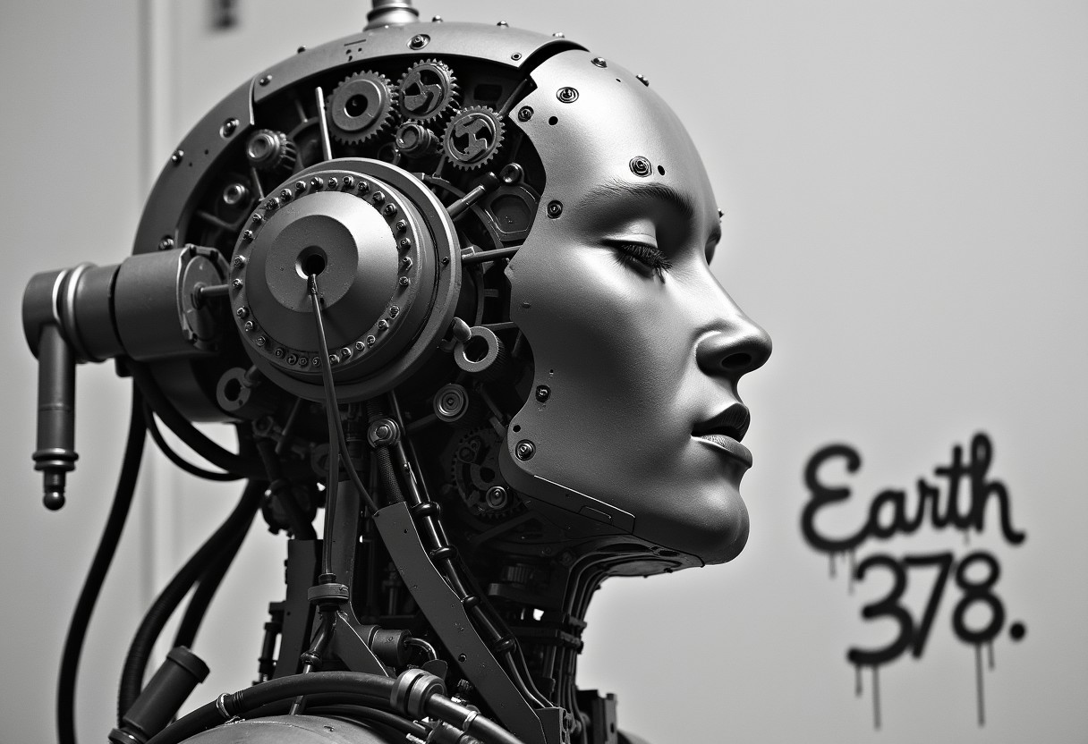 professional A black and white photo of a robot's head and upper body, entirely composed of metallic parts. The robot's face is intricately designed with exposed gears, cogs, and cylinders, which create a detailed mechanical structure. The face is tilted slightly to the side, with its eyes closed and its mouth slightly open, giving the impression that it is about to speak. The central features of the face are complex, with gears arranged in a circular formation, some overlapping to create depth. On the left side, a cylinder is connected to a pipe, while on the right, a similar setup is linked to a cylinder with a handle. Wires run between the components, adding to the technical complexity. The background is simple and neutral, allowing the mechanical details to stand out. In the bottom right corner, there is text written in a cursive font, adding a subtle artistic touch to the otherwise industrial background with a graffiti that says "Earth 378",Elysium Robot