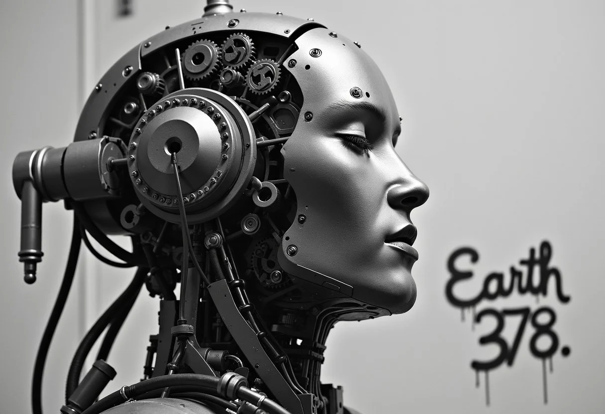 professional A black and white photo of a robot's head and upper body, entirely composed of metallic parts. The robot's face is intricately designed with exposed gears, cogs, and cylinders, which create a detailed mechanical structure. The face is tilted slightly to the side, with its eyes closed and its mouth slightly open, giving the impression that it is about to speak. The central features of the face are complex, with gears arranged in a circular formation, some overlapping to create depth. On the left side, a cylinder is connected to a pipe, while on the right, a similar setup is linked to a cylinder with a handle. Wires run between the components, adding to the technical complexity. The background is simple and neutral, allowing the mechanical details to stand out. In the bottom right corner, there is text written in a cursive font, adding a subtle artistic touch to the otherwise industrial background with a graffiti that says "Earth 378",Elysium Robot