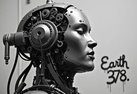 professional A black and white photo of a robot's head and upper body, entirely composed of metallic parts. The robot's face is intricately designed with exposed gears, cogs, and cylinders, which create a detailed mechanical structure. The face is tilted slightly to the side, with its eyes closed and its mouth slightly open, giving the impression that it is about to speak. The central features of the face are complex, with gears arranged in a circular formation, some overlapping to create depth. On the left side, a cylinder is connected to a pipe, while on the right, a similar setup is linked to a cylinder with a handle. Wires run between the components, adding to the technical complexity. The background is simple and neutral, allowing the mechanical details to stand out. In the bottom right corner, there is text written in a cursive font, adding a subtle artistic touch to the otherwise industrial background with a graffiti that says "Earth 378",Elysium Robot