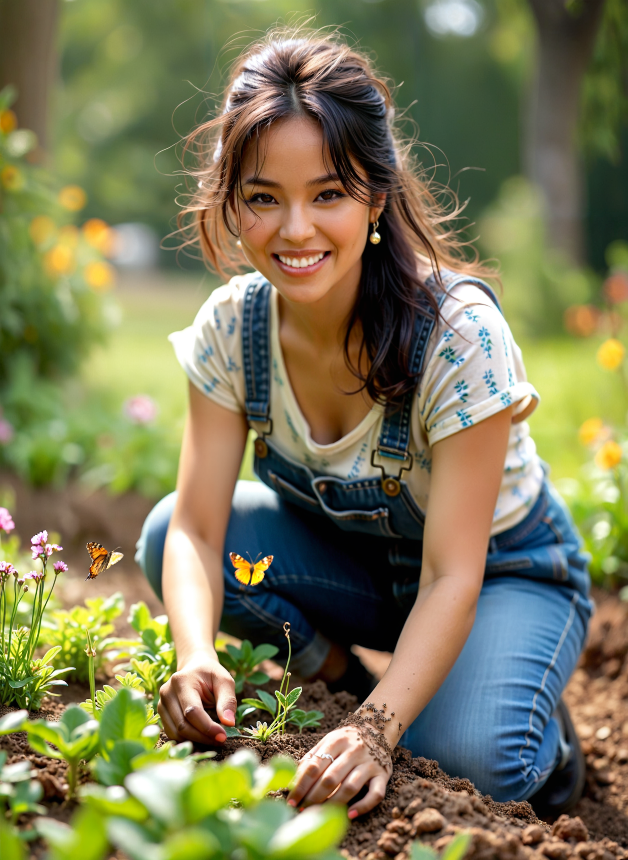 cinematic film still a young woman kneeling in a garden, smiling at the camera. She is wearing a blue and white floral t-shirt and denim overalls, and her hair is styled in loose waves. She appears to be in the process of planting a small plant in the soil. There are several other plants and flowers around her, including pink and purple flowers and orange butterflies. The background is blurred, but it seems to be a garden with trees and greenery. The overall mood of the image is happy and carefree. <lora:add-detail-xl:.5>  <lora:Flux-style-xl-lora:.5>