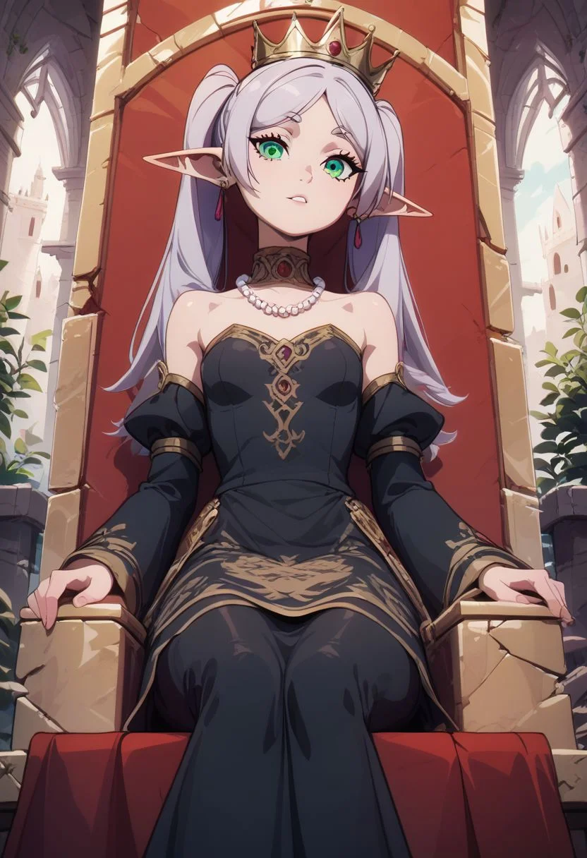 score_9, score_8_up, score_8, medium breasts, (curvy), cute, eyelashes, rating_safe,
BREAK,
zzFrieren, long hair, twintails, green eyes, grey hair, pointy ears, elf, black dress,
BREAK,
head tilt, sitting on throne, huge throne, oversized throne, ruins,
abandoned castle, crown, pearl necklace,
zPDXL,