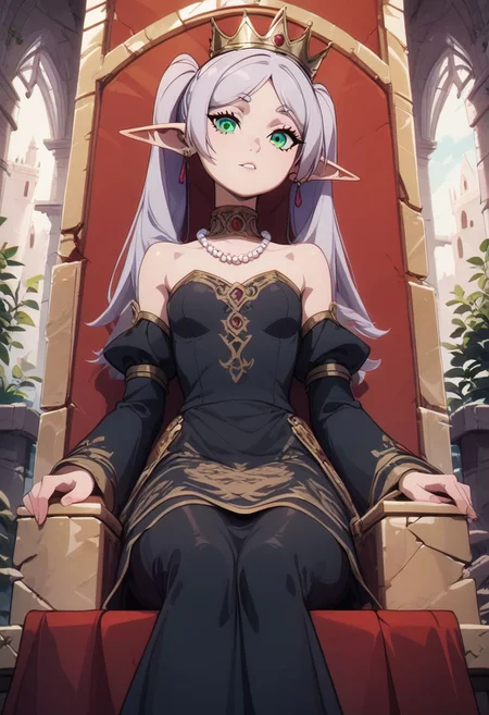score_9, score_8_up, score_8, medium breasts, (curvy), cute, eyelashes, rating_safe,
BREAK,
zzFrieren, long hair, twintails, green eyes, grey hair, pointy ears, elf, black dress,
BREAK,
head tilt, sitting on throne, huge throne, oversized throne, ruins,
abandoned castle, crown, pearl necklace,
zPDXL,