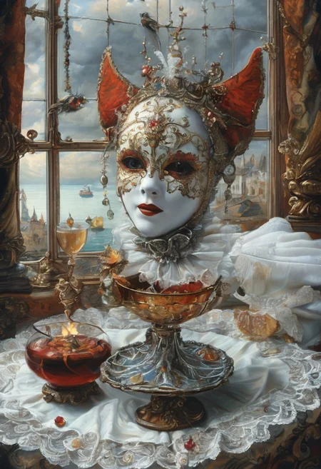 A still life in the style of 17th-century Dutch masters: Venetian mask with gilt edges and velvet texture, antique brass hourglass, crystal goblet filled with red wine, grapes with dewdrops. Dramatic Rembrandt-style lighting from a side window casting deep shadows. Through the window: a fantasy landscape — medieval castle with floating bridges and stained-glass towers, Baroque clouds (voluminous, illuminated by golden light), and a majestic dragon with iridescent scales soaring across the sky. Details: dust motes in light beams, cracked plaster walls, dragon's reflection in the goblet. Technique: oil painting with glazing layers, chiaroscuro contrast, hyperrealistic textures of aged wood and polished crystal.