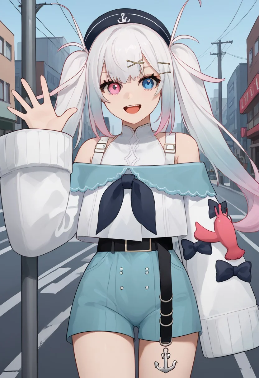 1girl, solo, Retsubol, twintails, hair ornament, long hair, white hair, multicolored hair, hairclip, bangs, gradient hair, pink hair, black headwear,
blue eyes, heterochromia, pink eyes
bare shoulders, off shoulder, sleeves past wrists, sleeves past fingers, bow, white shirt, blue shorts, black belt, belt buckle,
single thighhigh, asymmetrical legwear, anchor symbol
cowboy shot, waving, looking at viewer, smile, open mouth, city, street, utility pole, power lines