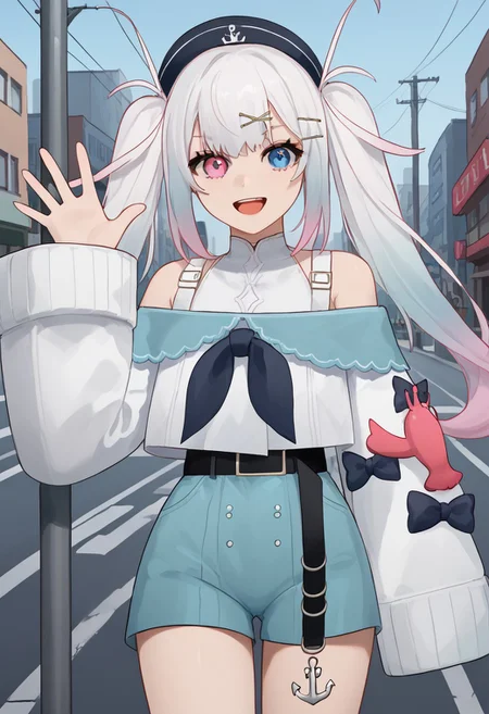 1girl, solo, Retsubol, twintails, hair ornament, long hair, white hair, multicolored hair, hairclip, bangs, gradient hair, pink hair, black headwear, 
blue eyes, heterochromia, pink eyes
bare shoulders, off shoulder, sleeves past wrists, sleeves past fingers, bow, white shirt, blue shorts, black belt, belt buckle, 
single thighhigh, asymmetrical legwear, anchor symbol
cowboy shot, waving, looking at viewer, smile, open mouth, city, street, utility pole, power lines