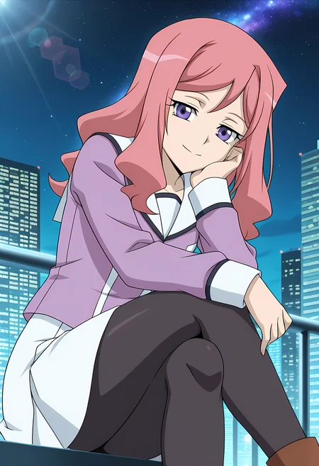 masterpiece,best quality,amazing quality,
solo,
Kumi Okazaki (Cardfight Vanguard), long hair, pink hair, purple eyes,
school uniform, purple shirt, serafuku, white sailor collar, long sleeves, white skirt, black pantyhose, brown footwear,
looking at viewer, smile, cheeks leaning on arm,
cinematic, cross legs, crossing legs,
Outdoors, night, On top skyscraper, sci-fi city, (galaxy sky:1.2),
Lens flare, bloom,
Official style, anime screencap, anime coloring,