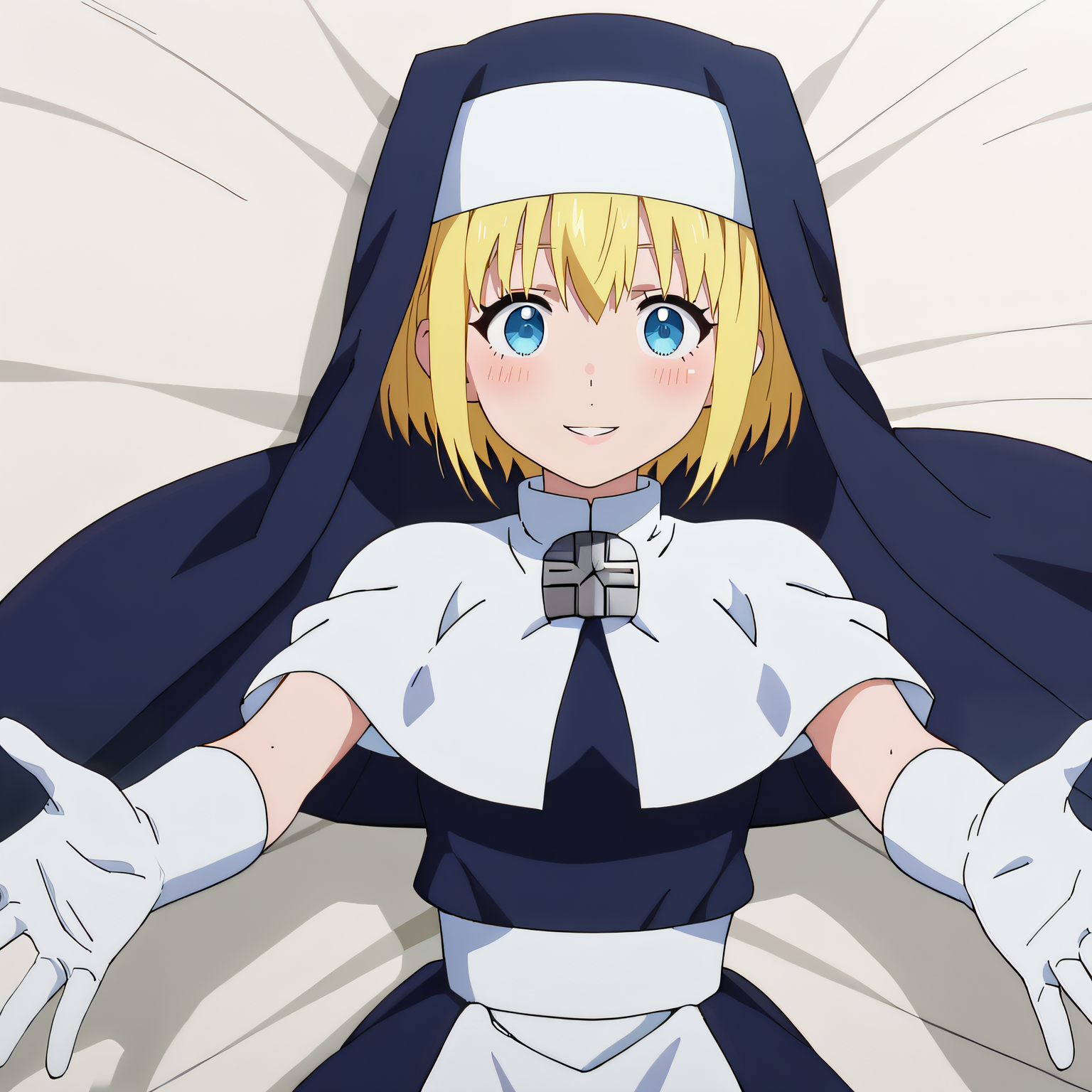 score_9, score_8_up, score_7_up, source_anime, rating_safe, intricate details, anime screencap, official style, 1girl, solo, <lora:Sister_Iris:1>, iris, blonde hair, blue eyes, short hair, nun, habit, white capelet, white elbow gloves, cord at the waist, looking at viewer, smile, indoor, cowboy shot, outstretched arms to the viewer, outstretched gloves, five fingers:1.2, parted lips, blush, lying on bed, bed sheet