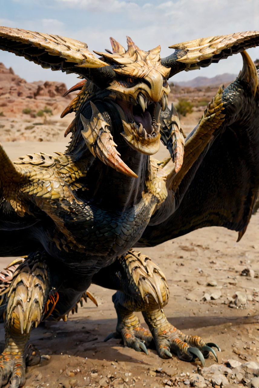source_furry, score_9, score_8_up, score_7_up, (reydau_wilds, wyvern, feral), scalie, yellow scales, black underbelly, black scales, horns, fangs, teeth, sharp teeth, amber eyes, detailed eyes, long neck, spikes, claws, tail, spiked tail, winged arms, wings, <lora:MH_ReyDauPony:0.8>, outdoors, desert setting, near water, oase, portrait, light open mouth, <lora:Add_DetailedEyesPony:0.8>, <lora:add-detail-xl:0.8>, zPDXL2, zPDXLpg, zPDXLrl, best quality, highly detailed, extreme details, masterpiece, photorealistic, hyperrealistic, ultra realistic, hdr, 4k, uhd, ray tracing, shaded