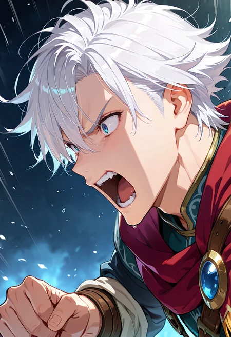 <lora:takeda_hiromitsu_style_illustrious_goofy:1>, <lora:noobai_vpred_1_masterpieces_v23:1>, <lora:Eyes_Lora_Pony_Perfect_eyes:1> , masterpiece, fantasy\(theme\), thick outlines, best quality, 1boy, handsome, 18-year-old, short messy hair, white hair, off-center sideswept fringe, visible hairline, blue eyes, side view, angry, shouting,