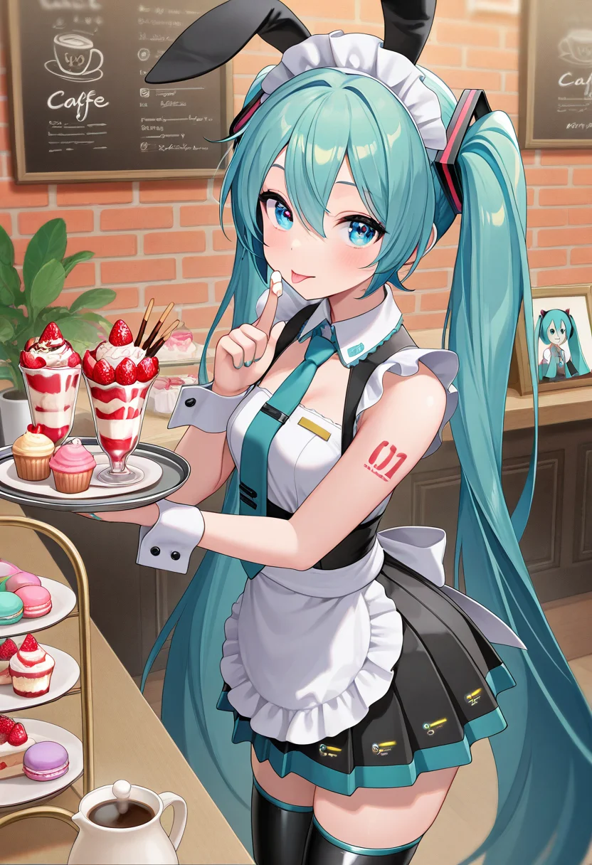 masterpiece,best quality,amazing quality, hatsune miku, 1girl, animal ears, black skirt, black thighhighs, blue eyes, blue hair, brick wall, cafe, cake, coffee pot, cupcake, display case, fake animal ears, food, food on hand, fruit, hair between eyes, holding, holding tray, index finger raised, indoors, long hair, looking at viewer, macaron, maid headdress, necktie, number tattoo, parfait, plant, pleated skirt, pocky, potted plant, rabbit ears, shoulder tattoo, skirt, solo, strawberry, tattoo, thighhighs, tongue, tongue out, tray, twintails, very long hair, wrist cuffs