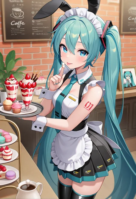 masterpiece,best quality,amazing quality, hatsune miku, 1girl, animal ears, black skirt, black thighhighs, blue eyes, blue hair, brick wall, cafe, cake, coffee pot, cupcake, display case, fake animal ears, food, food on hand, fruit, hair between eyes, holding, holding tray, index finger raised, indoors, long hair, looking at viewer, macaron, maid headdress, necktie, number tattoo, parfait, plant, pleated skirt, pocky, potted plant, rabbit ears, shoulder tattoo, skirt, solo, strawberry, tattoo, thighhighs, tongue, tongue out, tray, twintails, very long hair, wrist cuffs
