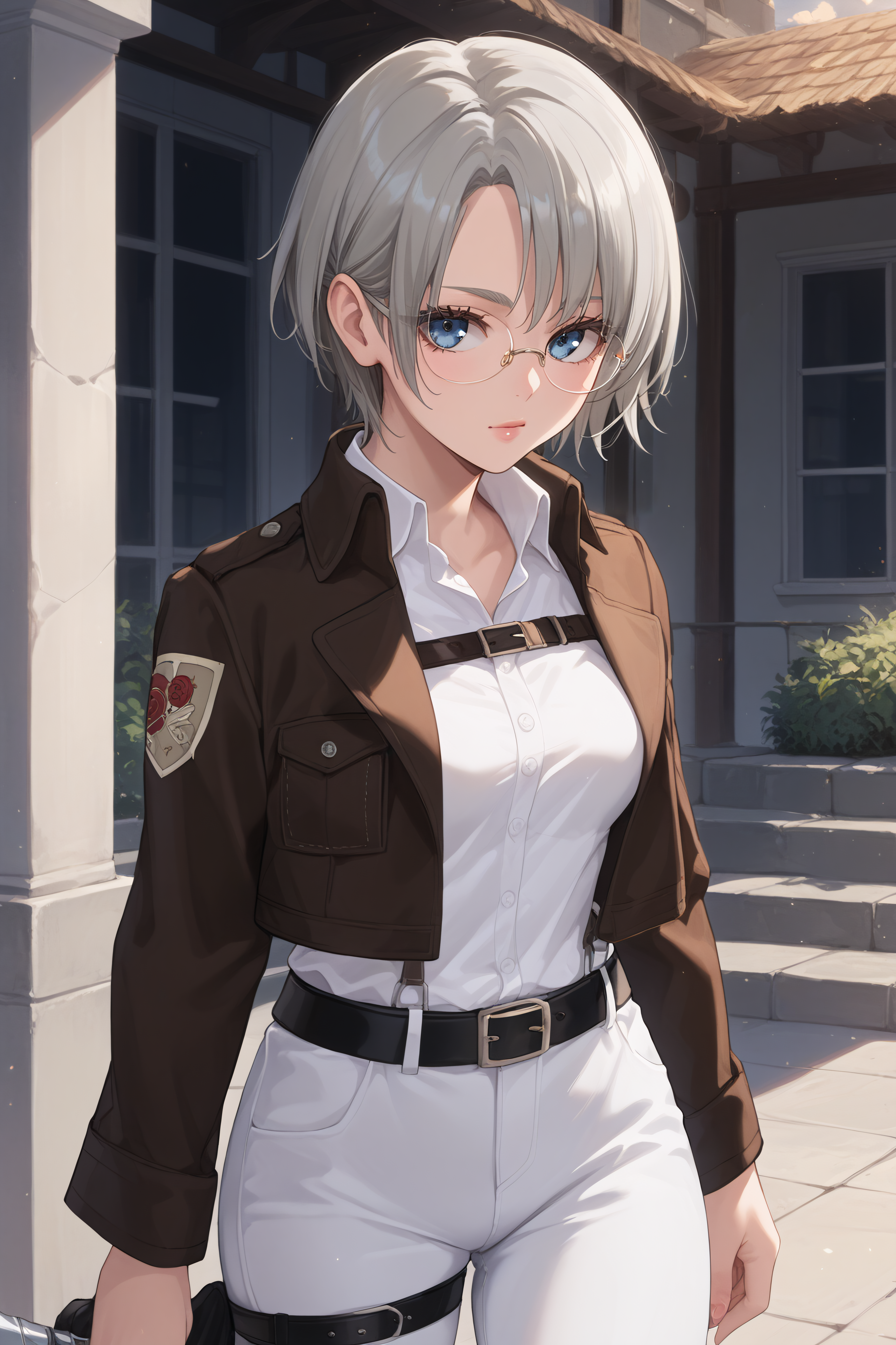 score_9, score_8_up, score_7_up, BREAK source_anime, <lora:Rico Brzenska-PonyXL-lora-Faxtron:1> rico brzenska, blue eyes, grey hair, short hair, medium breasts, glasses, white shirt, open cropped brown jacket, long sleeves, white pants, emblem, belt, standing,