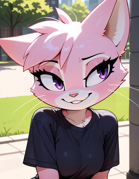 masterpiece, best quality, very aesthetic, absurdres,
outdoors, casual,
upper body, headshot,
t-shirt,
seductive smile, parted lips, long eyelashes,
<lora:Jana_v01_NAIXL:1>
J4n4,1girl,solo,furry,furry female,cat girl,cat ears,purple eyes,animal nose,whiskers,body fur,two-tone fur,pink fur,white fur,