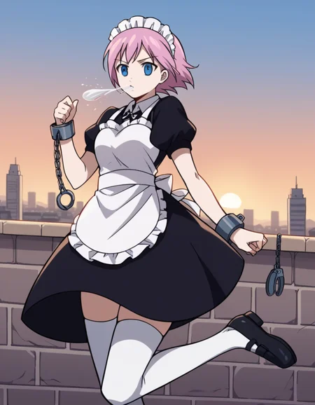 score_9, score_8_up, score_7_up, source_anime, <lora:fairytail-virgo-s7-ponyxl-lora-nochekaiser:1>,, maid virgo, short hair, bangs, blue eyes, pink hair, thighhighs, dress, short sleeves, shoes, puffy sleeves, black footwear, apron, black dress, white thighhighs, puffy short sleeves, zettai ryouiki, maid, maid headdress, white apron, maid apron, cuffs, enmaided, handcuffs,, rooftop, sunset, cityscape, quiet moment, wind blowing, contemplative, , , arm holding an object, solo,, cowboy shot, dutch angle