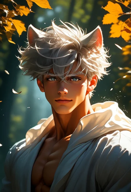score_9, score_8_up, score_7_up, gay, 1Best Quality, solo, kemono, anime, bara, yaoi, white cat ears, 25 years, dan_heng, white hair, short hair, hair between eyes,  gray eyes, catboy, catman, masculine, muscular, human, handsome, jawline, blush, shy, sound effects, blush, cute, slender, skinny, puffy nipples, revealing clothing, shirtless, ornate fantasy clothing, cape, close up, portrait, looking at viewer, dark skin tone, dark skin, white eyebrows, broad shoulders, smiling, wide instance, side view, upper body, (cat fangs:0.5), wearing a tunic, white tunic, forest glen, forest background, moody lighting,  detailed background, trees, forest, sun light, wind, 
leaves in the wind, realistic