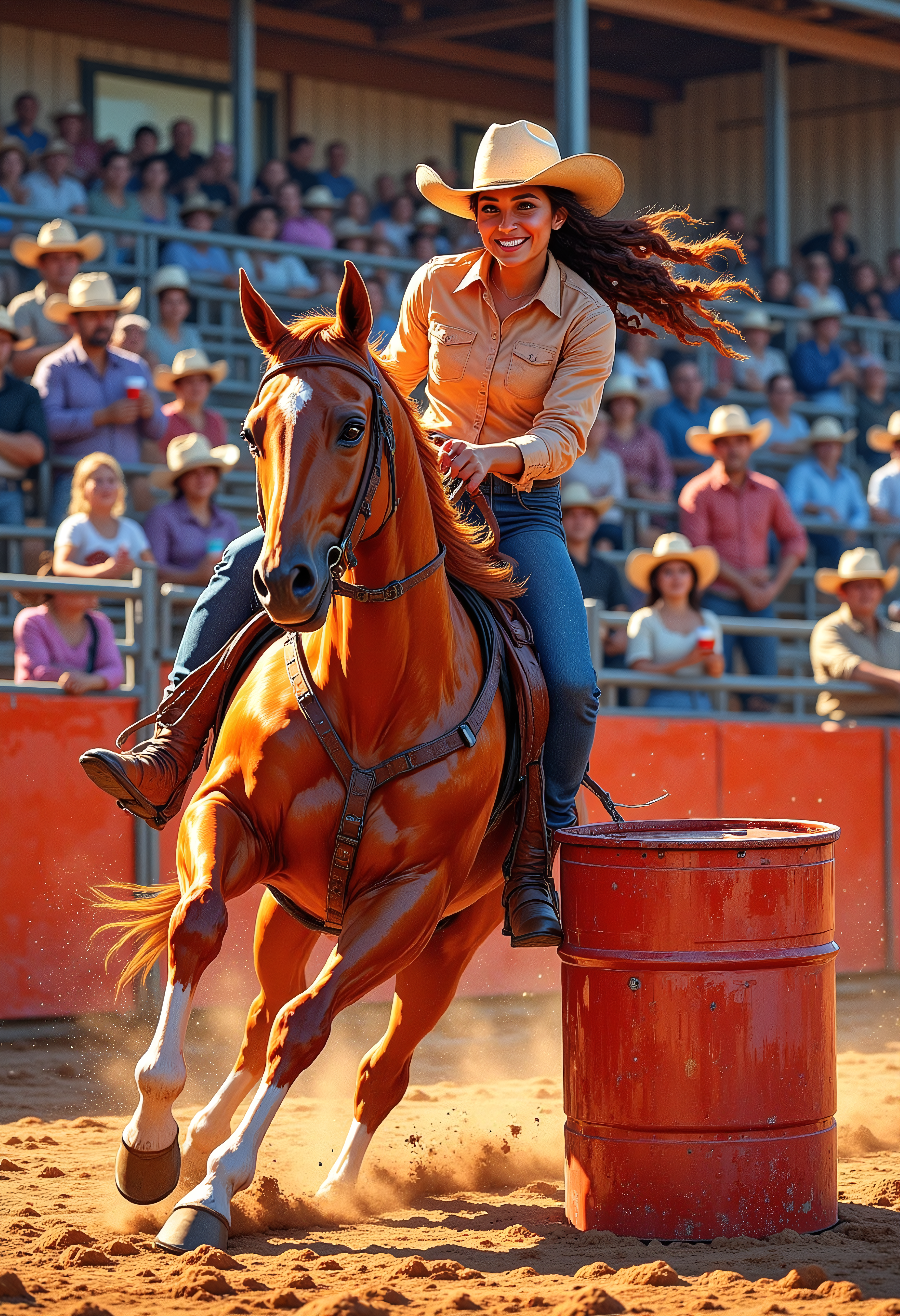 A determined cowgirl with long braided hair and a dusty leather hat grips the reins of her powerful chestnut horse, muscles tense as she leans into the turn around a bright red barrel. The dirt beneath them kicks up in a swirling cloud as the crowd cheers from the wooden stands. Spectators wave cowboy hats and hold cups of sweet tea, and a little girl in pink cowgirl boots watches with wide eyes, dreaming of her own rodeo future. Behind the arena, a cowboy tunes his guitar, ready to play for the nightâs country dance. Epic scene.  Colorful.  Vibrant Glow.