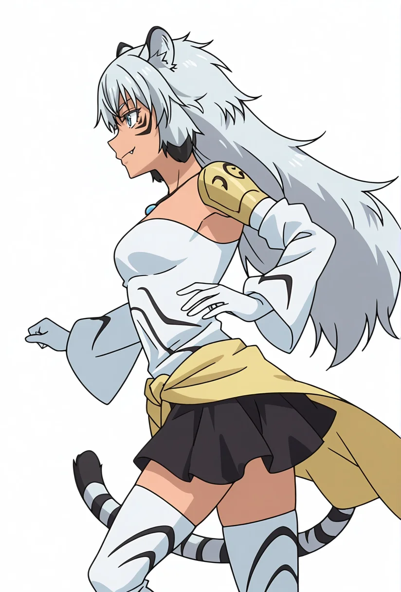 Smooth Quality,masterpiece,very intricate, high quality details, ultra realistic, high detailed skin,detailed enviorement,absurdres,
simple background, white background,solo,
from side,dancing,
color drain,
<lora:Suphia_CNR_r1:0.8> suphia_cnr, 1girl,long hair, grey hair, blue eyes,dark-skinned female, facial mark,tiger ears, tiger tail, fang,monster girl,necklace,suphia_def,black skirt, clothes around waist, detached sleeves, elbow gloves, wide sleeves, white thighhighs, zettai ryouiki,shoulder armor,