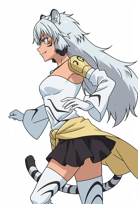 Smooth Quality,masterpiece,very intricate, high quality details, ultra realistic, high detailed skin,detailed enviorement,absurdres,
simple background, white background,solo,
from side,dancing, 
color drain,
 <lora:Suphia_CNR_r1:0.8> suphia_cnr, 1girl,long hair, grey hair, blue eyes,dark-skinned female, facial mark,tiger ears, tiger tail, fang,monster girl,necklace,suphia_def,black skirt, clothes around waist, detached sleeves, elbow gloves, wide sleeves, white thighhighs, zettai ryouiki,shoulder armor,