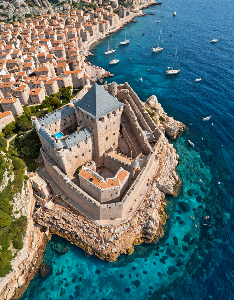 <lora:YCO_xl_F1c:0.7> yco_xl, fortified castle, outside, from above, transparent blue sea, town, scenery, bird's eye view, rocks, sailboats, underwater rocks, octogonal shaped dungeon