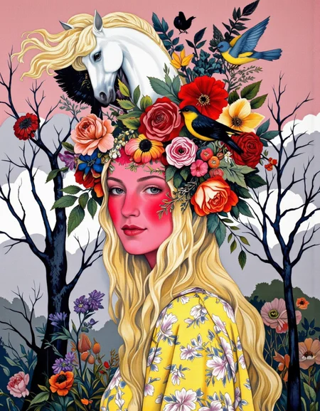 Art by Caroline Smith. A vibrant and colorful illustration featuring a woman with a floral headpiece adorned with flowers and birds. the woman, positioned in the middle of the image, has a neutral expression and is wearing a yellow floral dress. her long, wavy blonde hair cascades down her back, adorned with a variety of colorful flowers, including roses, daisies, and lilies. her face is painted with a bright pink hue, and her eyes are a striking grey. she is looking directly at the viewer, with a subtle smile and full lips. on her head, a white horse with a flowing mane and a black bird is perched, surrounded by a mix of vibrant colors including red, pink, and yellow. a small blue bird with a yellow body sits on her shoulder, adding a touch of whimsy to the scene. the background is a muted pink and gray gradient, with bare branches of a tree visible in the distance, creating a sense of depth and dimensionality. the overall style is reminiscent of modern art, with bold lines and bright colors that bring the scene to life.