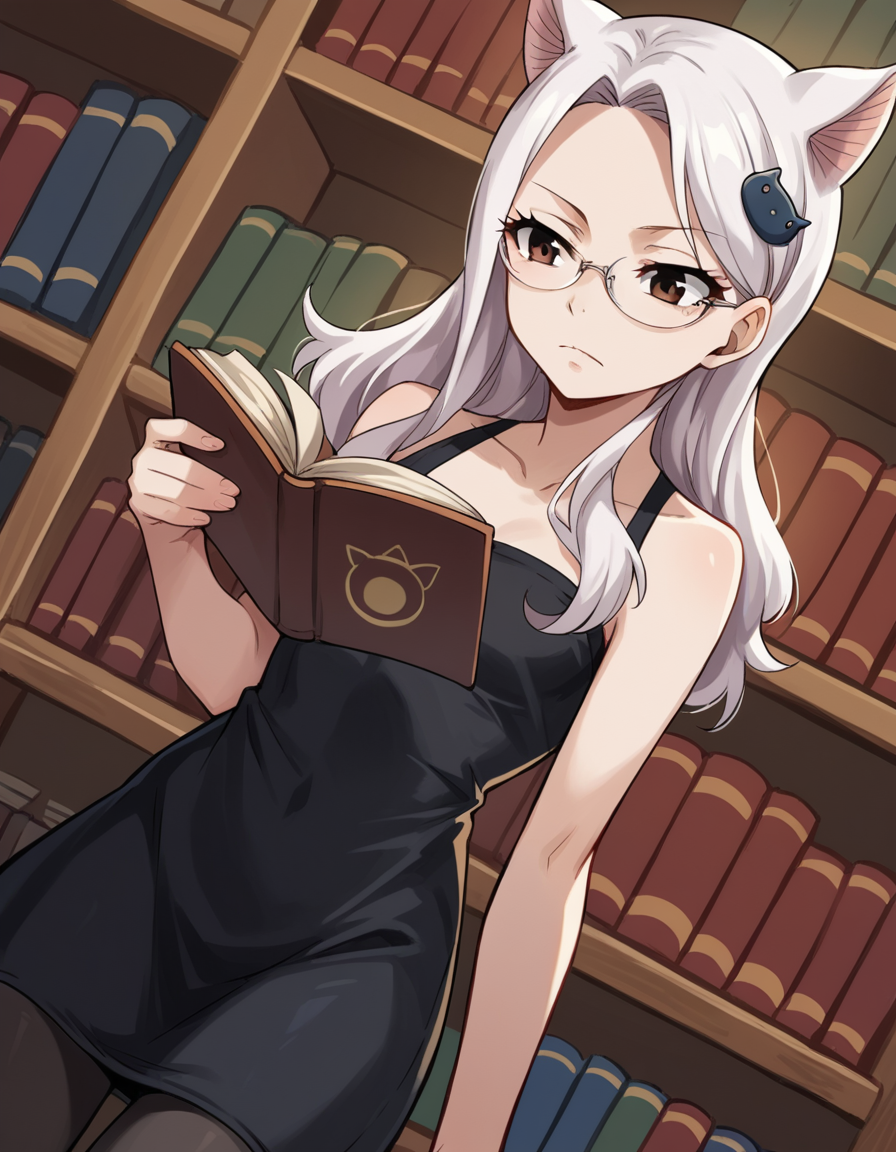 score_9, score_8_up, score_7_up, source_anime, <lora:fairytail-carla-anime-ponyxl-lora-nochekaiser:1>, fairy tail carla, long hair, hair ornament, animal ears, brown eyes, white hair, cat ears,, dress, pantyhose, black dress, black pantyhose, frills, bare shoulders, collarbone,, library, reading books, glasses, quiet, focused, shelves of books, , , arm wrapped around someone, solo,, cowboy shot, dutch angle