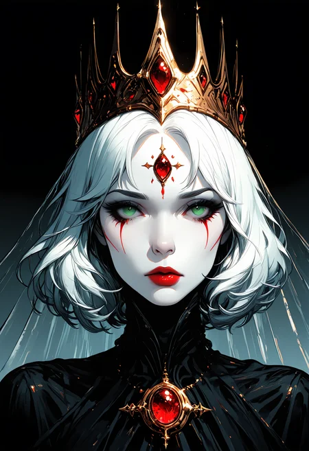 masterpiece, best quality, good quality, very awa, very aesthetic, absurdres, newest, 1girl, solo, looking_at_viewer, short_hair, simple_background, dress, closed_mouth, jewelry, green_eyes, white_hair, necklace, black_dress, parted_bangs, eyelashes, lips, gradient_background, makeup, turtleneck, expressionless, facial_mark, black_background, portrait, crown, gem, lipstick, pale_skin, veil, eyeshadow, white_skin, high_collar, nose, red_lips, straight-on, forehead_jewel, dark_background, red_gemstone, long_eyelashes, mascara, runny_makeup
