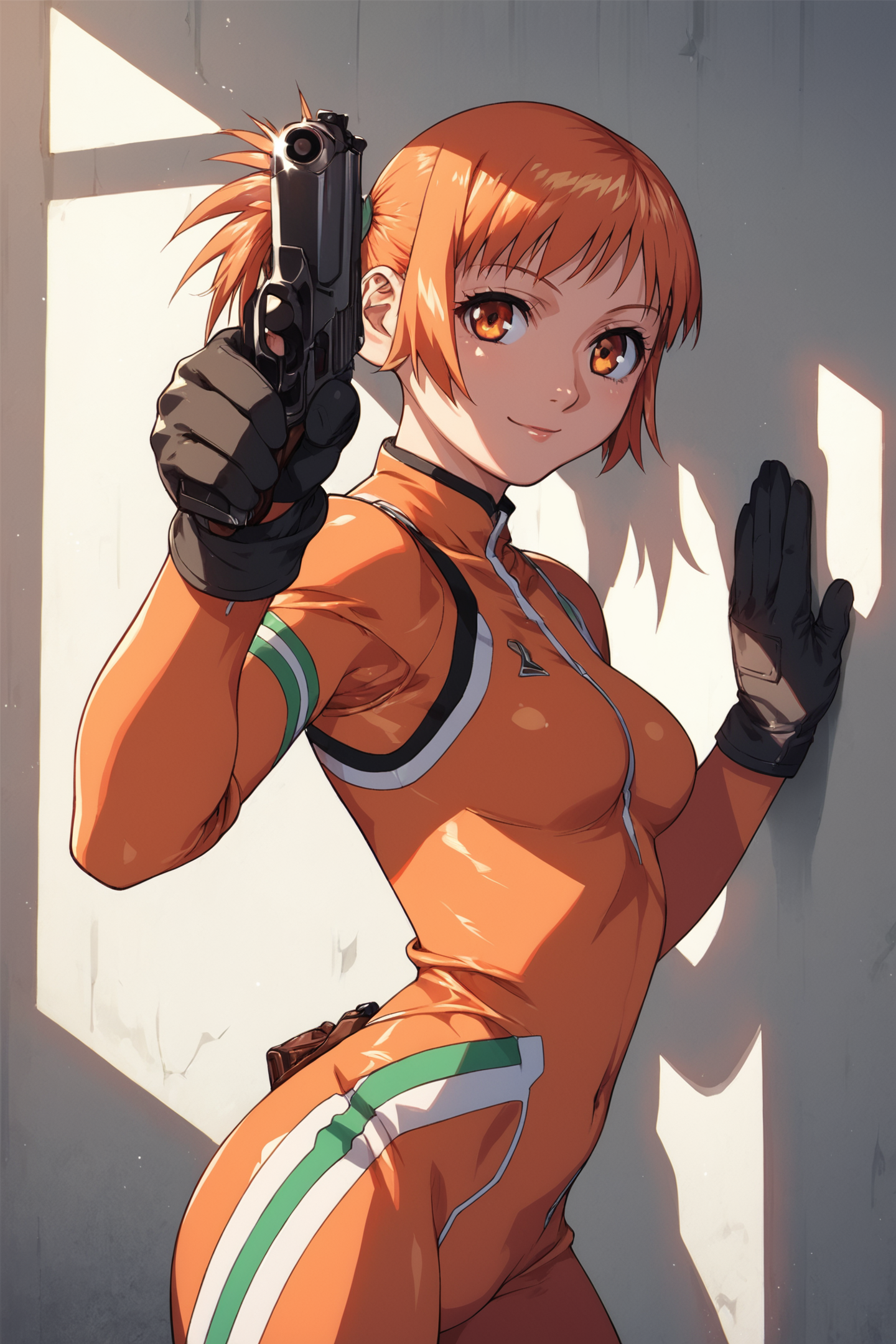 1girl,solo,Mikura Suzuki,twintails,orange hair,orange eyes,skin tight,orange bodysuit,thighs,black gloves,holding gun,handgun,aiming,looking at viewer,seductive smile,indoors,against wall,dramatic lighting,shadow,score_8_up,score_7_up,<lora:Yasuomi Umetsu_XL_PONY:0.8>,