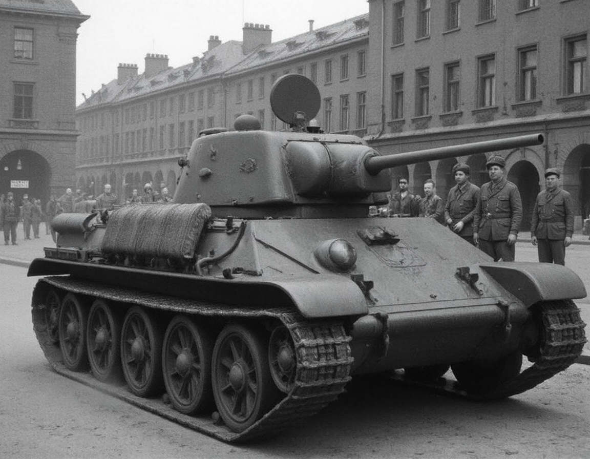 sketch of the battlefield, Masterpiece, Top quality, World War II (1.5), , Dust clouds (1.1), Exquisite weapons (1.0), Atmospheric lighting (1.1), Cinematic composition (1.2), Historical accuracy (1.4), Russia in the 1940s <lora:t341942:0.8>t341942,
This is the Soviet tank of WWII, the T34-76. The hull length is 6.10 m, the overall width is 3.00 m, and the overall height is 2.72 m.Three-quarter view.hatch at the front of the vehicle is open.tank parked in a German city, with tank crews gathered around the turret. <lora:soviet-tank-crew:0.8> soviet-tank-crew