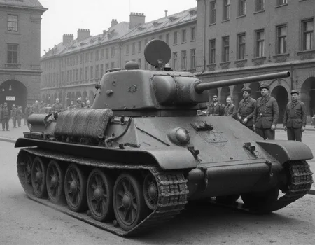 sketch of the battlefield, Masterpiece, Top quality, World War II (1.5), , Dust clouds (1.1), Exquisite weapons (1.0), Atmospheric lighting (1.1), Cinematic composition (1.2), Historical accuracy (1.4), Russia in the 1940s <lora:t341942:0.8>t341942,
This is the Soviet tank of WWII, the T34-76. The hull length is 6.10 m, the overall width is 3.00 m, and the overall height is 2.72 m.Three-quarter view.hatch at the front of the vehicle is open.tank parked in a German city, with tank crews gathered around the turret. <lora:soviet-tank-crew:0.8> soviet-tank-crew