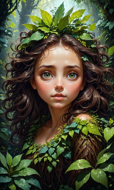 The cutest creature in the universe by greg rutkowski and thomas kinkade, Trending on artstation. Digital art. A vibrant digital oil painting. A highly detailed fantasy character illustration by Wayne Reynolds and Gustave Dore and Carl Monet and Gustave courbet, mysterious deep colors, featuring a woman's face with plants growing out of her hair <lora:Fast:0.69>