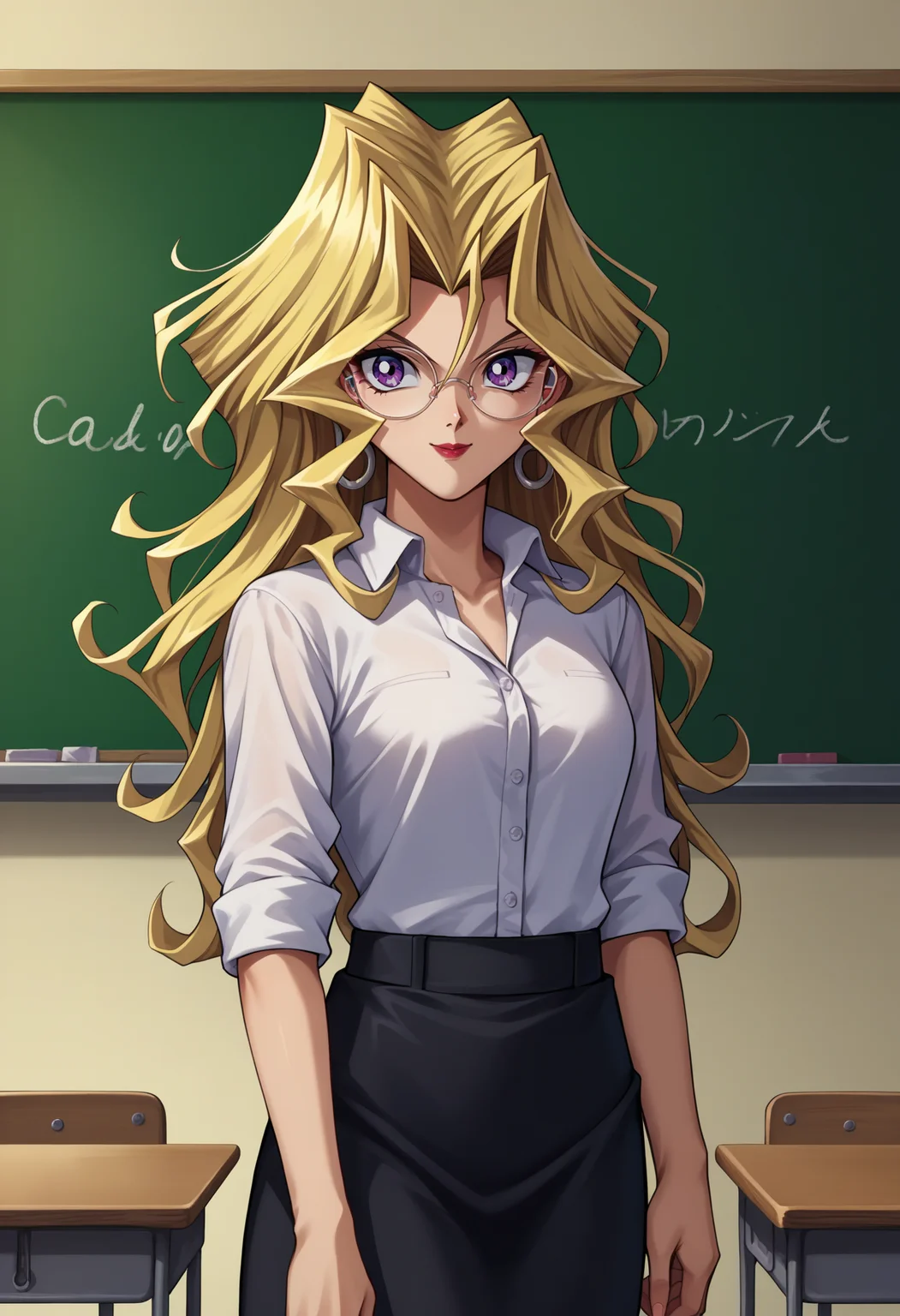 score_9, score_8_up,score_7_up, source_anime, rating_safe, 1girl, solo, <lora:EPygKujakuMai:1>, EPygKujakuMai, purple eyes, blonde hair, long hair, wavy hair, hair between eyes, hair intakes, hoop earrings, red lips, indoors, classroom, white shirt, collared shirt, black skirt, long skirt, ponytail, round eyewear, teacher, chalkboard, smile, writing,