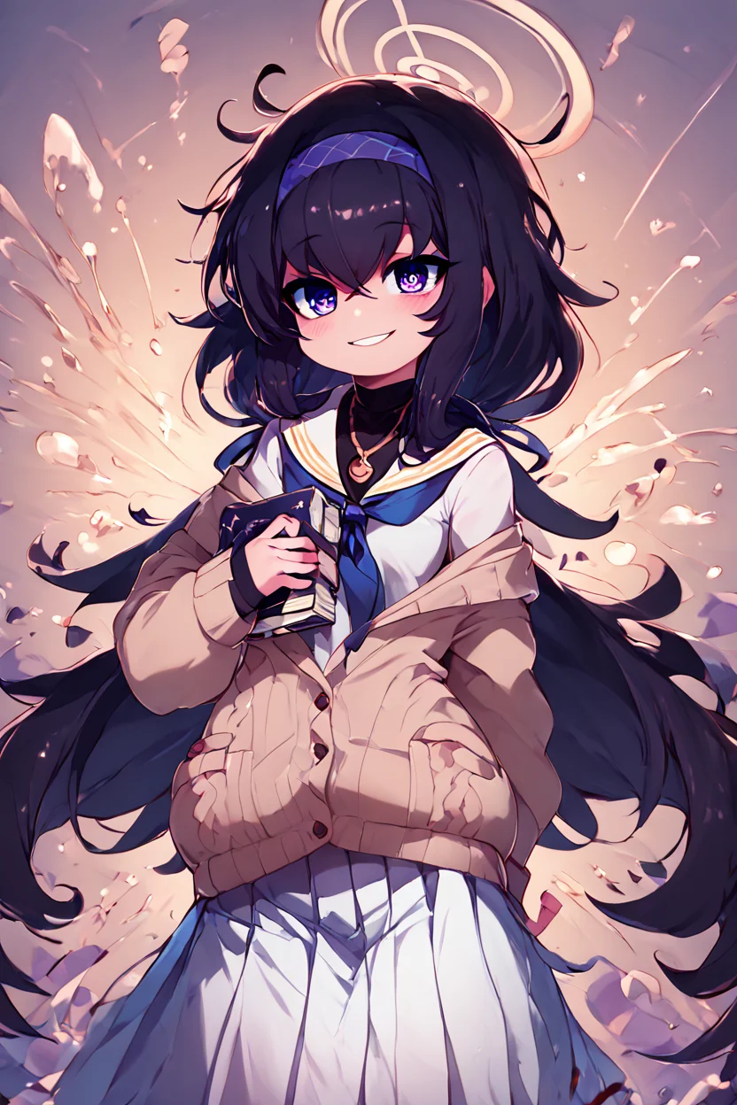 score_9, score_8_up, score_8, medium breasts, (curvy), cute, eyelashes, BREAK, , ,,, zzUi, long hair, black hair, hairband, halo, bags under eyes, hair between eyes, blue hairband, very long hair, blue eyes, purple eyes, cardigan, long sleeves, pleated skirt, white skirt, holding book, white sailor collar, blue neckerchief, necklace, blush, white serafuku, long skirt, sweater, low twintails, off shoulder, <lora:Ui_BlueArchive_PDXL:1.0>, ,,,, BREAK, smile, looking at viewer, cowboy shot, ,,, embedding:zPDXL, Expressiveh, ,,, <lora:Zankuro_Style_PDXL:0.8> <lora:SDXLFaeTastic2400:0.5>, <lora:Expressive_H-000001:0.4>,