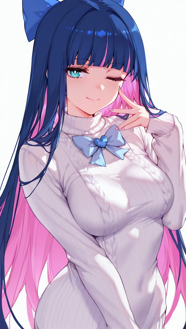 1girl, ;\), bangs, blue eyes, blue hair, blunt bangs, bow, breasts, closed mouth, colored inner hair, long hair, looking at viewer, medium breasts, multicolored hair, one eye closed, pink hair, purple hair, simple background, smile, solo, stocking \(psg\), sweater, two-tone hair, white sweater,<lora:Velvet Canvas:1>
