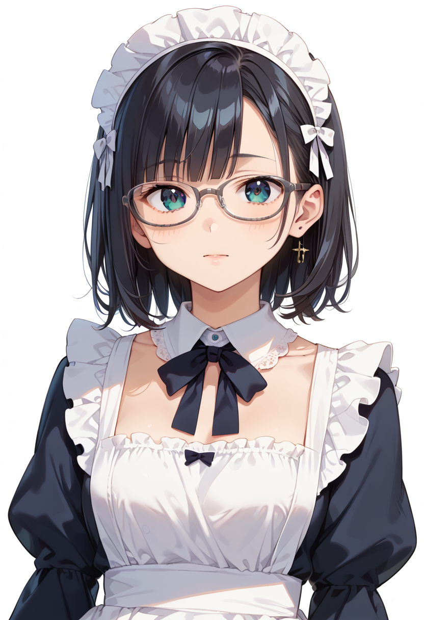 score_9, score_8_up, score_7_up, rating_safe, masterpiece, best quality, absurdres, unity 8k wallpaper, official art, official style, source_anime, uncensored, game cg, megami magazine,
1girl, solo, black hair, medium hair, upper body, covered eyes,maid, maid headdress, black dress, maid apron, face focus,
oval_cell, glasses, still life, white background, simple background, grey-framed eyewear,
 <lora:glasses_OvalCell1_PONY_V1:1>