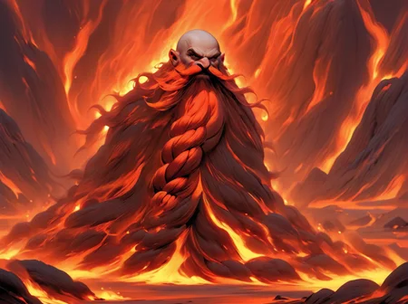 Harry_Dwarf, <lora:Harry_Dwarf:1>, red long beard, braided moustache, bald, in a volcanic region, singed hair, lava, flaming hair