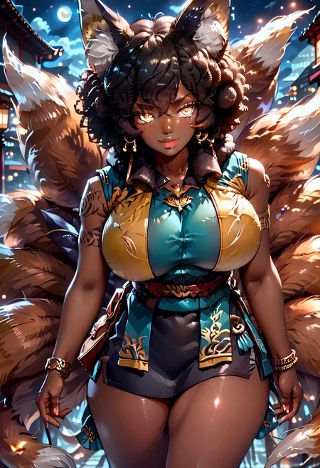 (score_9), score_8_up, score_7_up, 
anime
1girl, full body,
(dark brown skin, beautiful, black hair, curly hair (large round afro: 1.4), (((Kitsune)), Fox ears, ((fox tail)), large tail, (nine tails), (multiple tails), saddle brown tails:1.2, black fur tips: 1.6), (yellow eyes, slit pupils: 1.4), (glowing eyes: 0.8), eyesHD, high gradient eyes, high definition eyes, detailed eyes, teeth with fangs, black claws, 
tattoo, hood, jewelry, bracelet, sleeveless, hoodie, 
gigantic breasts, round breasts, huge ass, sexy, thick thighs), top heavy, black lipstick, silver jewelry, evil grin, sexy, (black hole in hand), holding black hole, handfixer, 
blue flames
Alleyway, night, event horizon, gravitational lensing