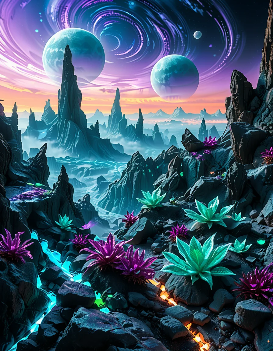 A breathtaking, high-resolution photograph of an alien planet with a surreal and otherworldly landscape. The sky is filled with two massive moons, casting an eerie glow over the terrain. Jagged rock formations, covered in bioluminescent moss, stretch across the horizon, glowing in shades of blue and purple. Strange, twisted plants with translucent leaves and pulsating veins grow from the cracked, iridescent soil. In the distance, towering crystalline mountains shimmer under the light of a distant red sun, their peaks enveloped in a misty, ethereal haze. The air is thick with floating luminescent spores, drifting like tiny fireflies. Rivers of liquid metal carve through the landscape, reflecting the vibrant alien sky. The atmosphere is a mix of neon blues, purples, and greens, creating a mesmerizing and futuristic scene, as if taken from the surface of a newly discovered exoplanet.
<lora:SDXLFaeTastic2400:0.4> <lora:extremely_detailed:0.4> extremely detailed,<lora:alien_pl4n3t:1>,alien pl4n3t