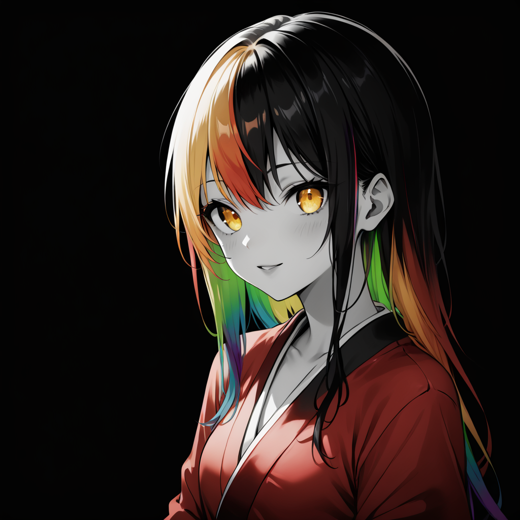 embedding :zPDXL3 (zPDXL3), score_9, score_8_up, score_7_up, black background, grayscale, monochrome, rainbow hair, yellow eyes, red kimono, selective_coloring,