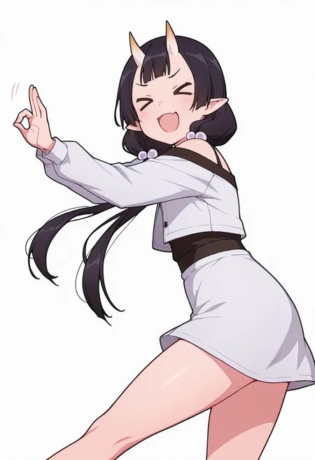 Smooth Quality,masterpiece,very intricate, high quality details, ultra realistic, high detailed skin,detailed enviorement,absurdres,
stop (gesture),solo,
<lora:Care_Resumisu_CNR:0.8> care_cnr, 1girl,black hair, pointy ears, long hair, yellow eyes, oni, low twintails, skin-covered horns, bobbles,, simple background, white background, from side,
jumping, arms raised, legs bent, happy face, energetic posture, ,, off-shoulder top, ,cropped jacket, ,wrap skirt, ,, xd,