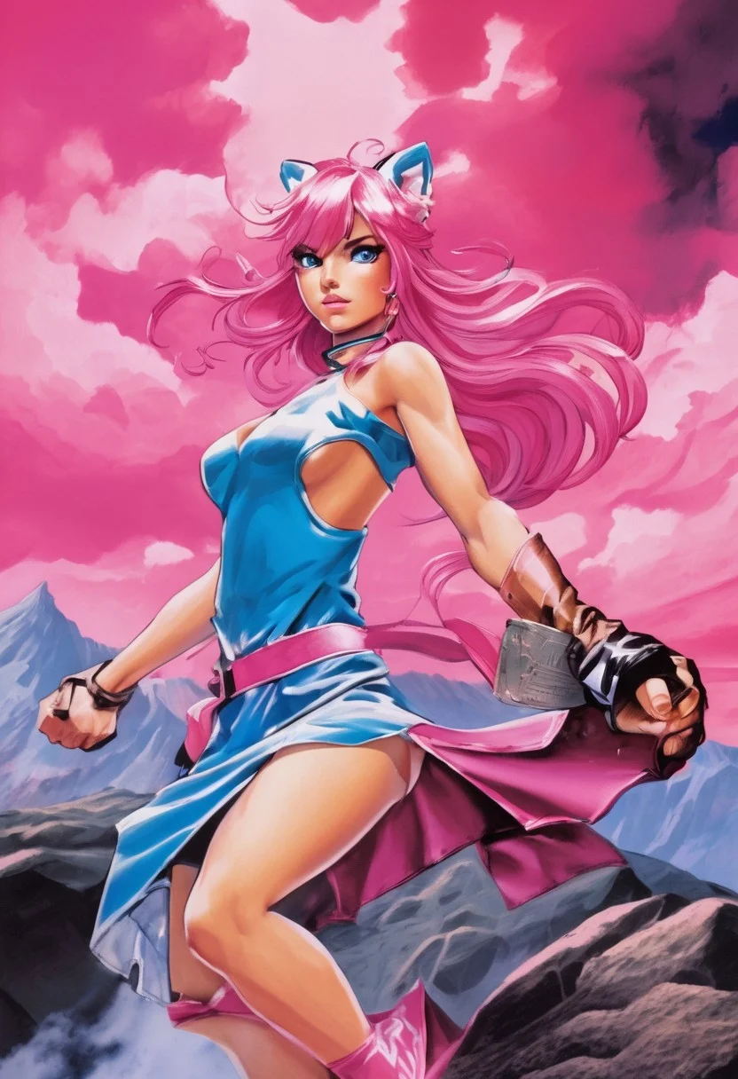 Duo, 1girl, Pink_PonyXL, ((sleeveless dress, white tiger print dress)), pelvic curtain, cleavage, ((white tiger tail)), red sash, ((white cat ears)), medium breasts, ((pink hair, long hair)), sweet smile, wide eyes, single fang showing, Break 1boy, ((link, blonde hair,blue eyes,pointy ears, low ponytail, sidelocks, wearing blue hyilian tunic)), Break, pink standing in fighting pose on a rocky hill, holding a broadsword to the sky, link posing as he looks at pink, storm clouds on the horizon, lightning strike, (((text, bold poster text reading "The Adventure of Pink", text above her))), box_art_frenzy, 1980s Nintendo box cover art, video game,