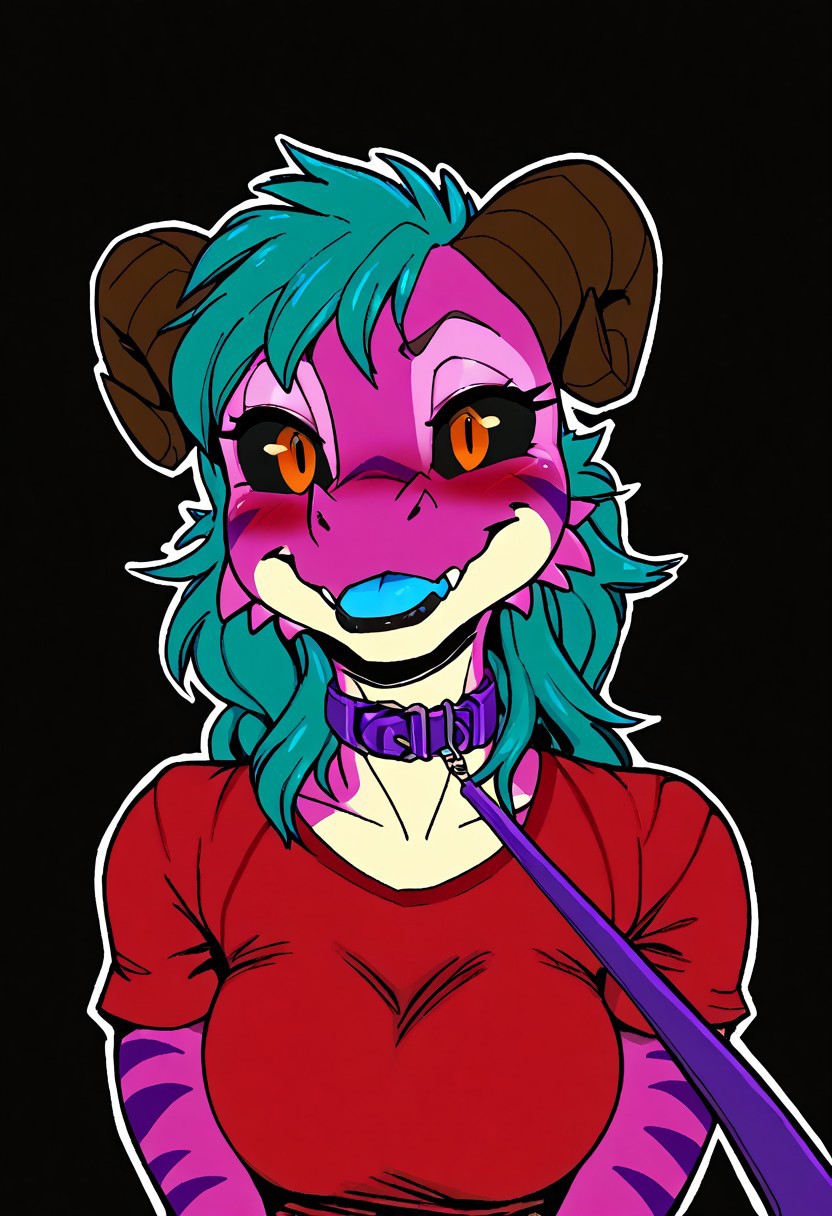a furry sticker of, white outline:1.4, simple background, by incase, score_9, score_8_up, score_7_up, score_6_up, score_5_up, best quality, highly detailed, intricate details, extremely detailed, masterpiece, 4k, fine details, subtle soft details, futanari, ((Kobold)), ((pink scales:1.4)), split complimentary color scheme, ((purple stripes)), ((black sclera)), ((glowing orange eyes, orange iris, black pupils, split pupils)), (long eastern dragon tail), ((brown ram horns)), ((long teal hair:1.4)), ((purple slave collar)), ((black lipstick)), black eyeliner, plump, cute, medium breasts, cleavage, curvy, red long gloves, large iris, smiling, 1girl, solo, solid bright green background, looking at viewer, (bust shot), red tshirt, red t-shirt, side view, eyes partially closed, deep blush, embarrassed, light blue tongue, half closed eyes, emote, viewer on leash, l3ashed, leash pull