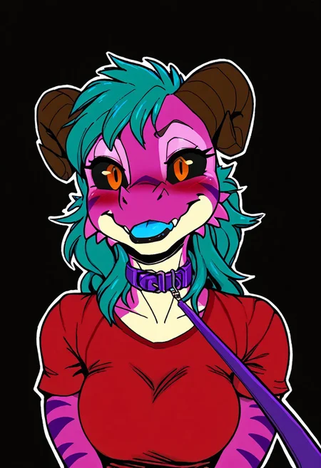 a furry sticker of, white outline:1.4, simple background, by incase, score_9, score_8_up, score_7_up, score_6_up, score_5_up, best quality, highly detailed, intricate details, extremely detailed, masterpiece, 4k, fine details, subtle soft details, futanari, ((Kobold)), ((pink scales:1.4)), split complimentary color scheme, ((purple stripes)), ((black sclera)), ((glowing orange eyes, orange iris, black pupils, split pupils)), (long eastern dragon tail), ((brown ram horns)), ((long teal hair:1.4)), ((purple slave collar)), ((black lipstick)), black eyeliner, plump, cute, medium breasts, cleavage, curvy, red long gloves, large iris, smiling, 1girl, solo, solid bright green background, looking at viewer, (bust shot), red tshirt, red t-shirt, side view, eyes partially closed, deep blush, embarrassed, light blue tongue, half closed eyes, emote, viewer on leash, l3ashed, leash pull