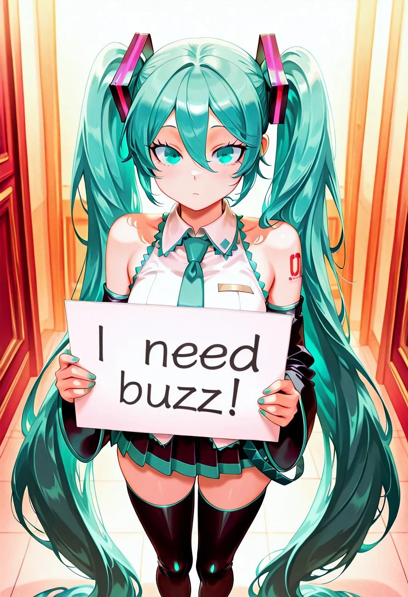hatsune miku, absurdly long hair,aqua hair,twintails,hair ornament,sidelocks,hair between eyes,parted bangs,aqua eyes, white shirt,collared shirt,bare shoulders,sleeveless shirt,aqua necktie,detached sleeves,black sleeves,shoulder tattoo,fringe,black thighhighs,miniskirt,pleated skirt,zettai ryouiki,thigh boots, masterpiece, best quality, amazing quality,, <lora:fgo-kriemhild-ponyxl-lora-nochekaiser:1>, need_buzz, holding sign