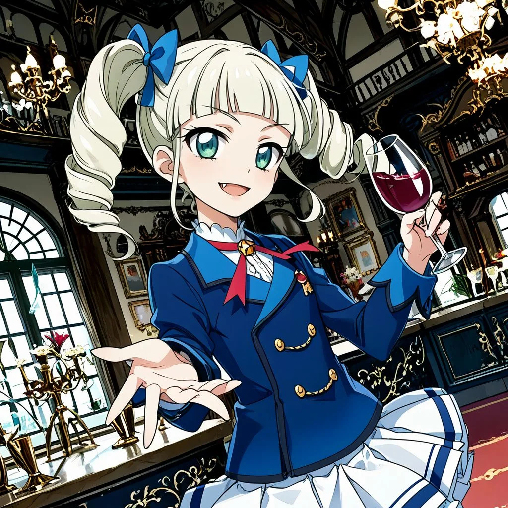 score_9, score_8_up,score_7_up,game cg,official art, uncensored, convenient censoring, covering privates,
rating_safe,
modeling, expressive hair, expressive clothes, dutch angle,wind
,looking at viewer, upper body,happy
wine glass, wine bottle, indoors,party,holding glass
gothic architecture, black theme,
<lora:yurikasamaV:0.8> todo yurika, green eyes, platinum blonde hair, blunt bangs, drill hair, twin drills, hair bow, bow,ribbon,fang,fang out, starlight academy school uniform,,blue jacket,white skirt