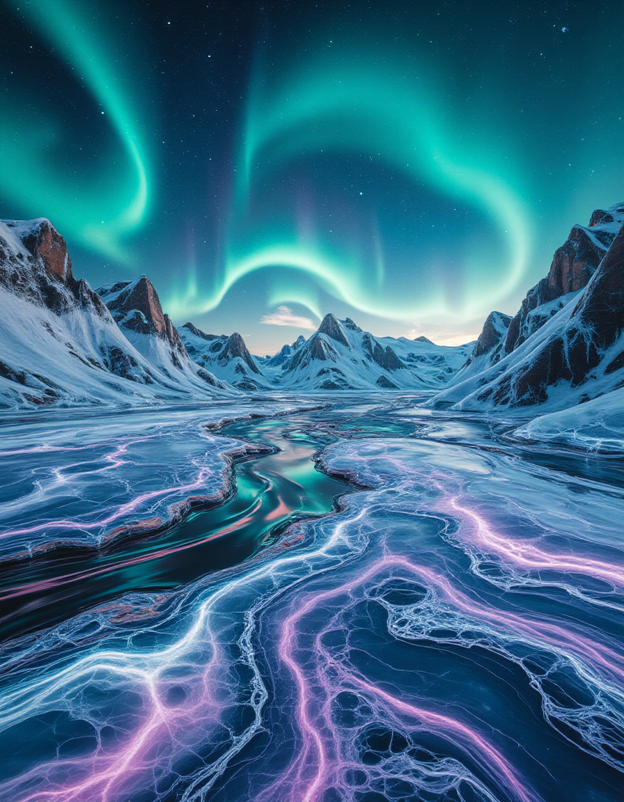 A frozen tundra illuminated by a sky filled with a shimmering aurora borealis. The ice itself has transformed into liquid marble, with dynamic, glossy patterns of turquoise, lavender, and magenta rippling across the frozen ground. Every snowflake sparkles like crystal, reflecting the colorful glow from the sky. A glossy, otherworldly river snakes through the scene, glowing with iridescent light that illuminates the surreal landscape.
<lora:ral-lqdmrbls-flux_000004000:1>