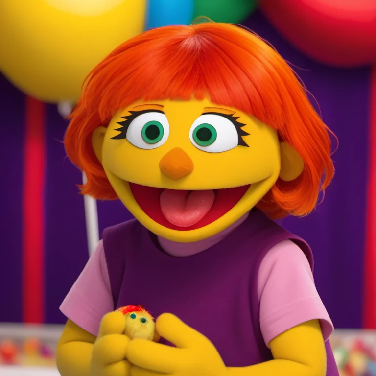 1girl, solo, julss2, yellow skin, green eyes, colored skin, purple shirt, smile, open mouth, tongue, upper body, orange hair, short hair, :d, child, carnival, <lora:julss2-000009:1>,