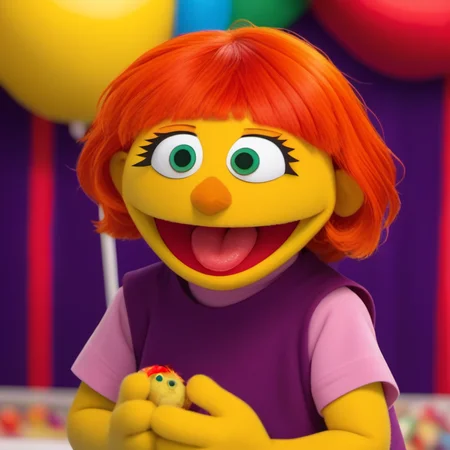 1girl, solo, julss2, yellow skin, green eyes, colored skin, purple shirt, smile, open mouth, tongue, upper body, orange hair, short hair, :d, child, carnival, <lora:julss2-000009:1>,